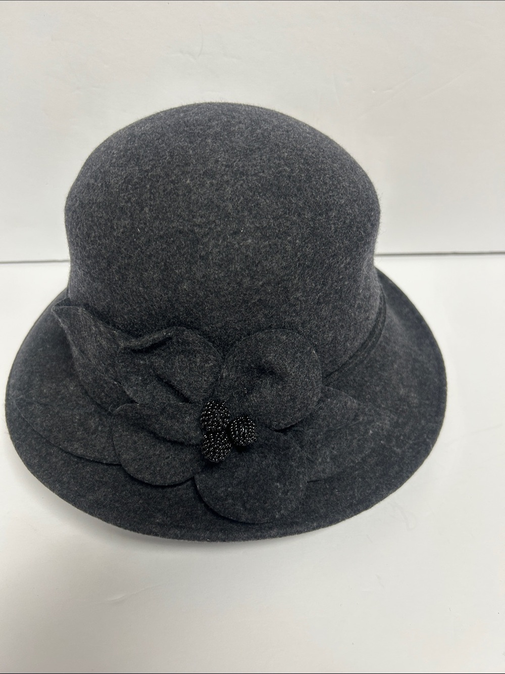 Women's Charcoal Felt Cloche Hat with Floral Bead Accent
